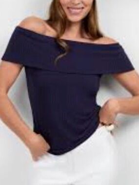 Trina Turk Prizma Navy Off-the-Shoulder Fold-Over top, size large, NWT